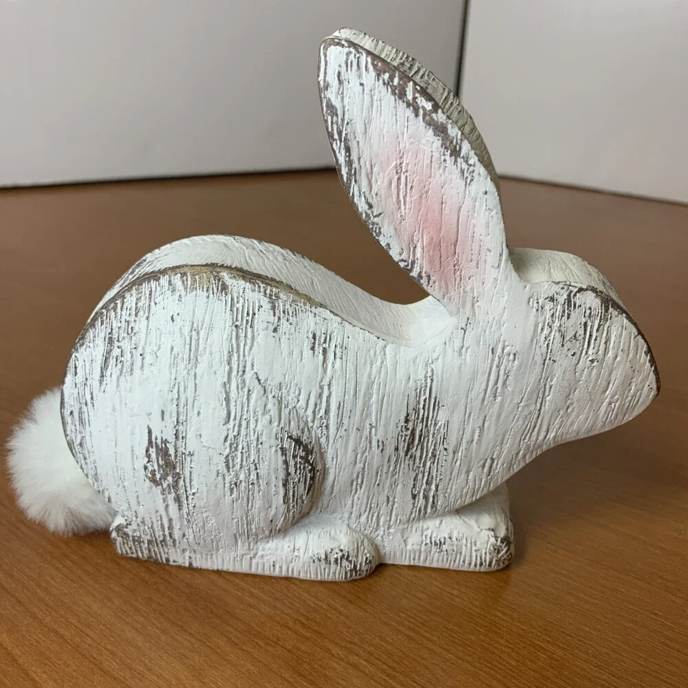 Whitewash Bunny Rabbit With Cotton Tail 6”x5” Resin